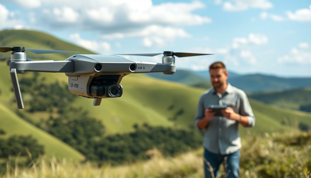 A DJI Air 3S drone captured in the foreground, gracefully hovering above a lush green landscape, its sleek design gleaming in the natural sunlight. In the middle ground, a focused individual in modest casual clothing operates a remote control, showcasing a hands-on user experience. The background features rolling hills and an expansive sky dotted with soft clouds, creating a serene atmosphere. The image is brightly lit, emphasizing the drone's modern technology and the beauty of the surroundings. A shallow depth of field brings attention to the drone and operator, giving a sense of motion and engagement in real-world testing. The scene conveys excitement and professionalism, ideal for showcasing the practical use of the DJI Air 3S.