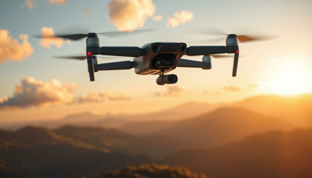 A Skydio 2+ drone soaring gracefully through the sky, showcasing its advanced tracking capabilities. In the foreground, the drone is captured in mid-flight, revealing its sleek design and the intricate camera setup. In the middle ground, a lush, mountainous landscape unfolds, illuminated by soft, warm sunlight filtering through scattered clouds, adding depth and dimension. The background features a stunning sunset, casting golden hues over the terrain, enhancing the sense of adventure and exploration. The scene embodies a dynamic and exhilarating atmosphere, perfectly illustrating the drone's ability to autonomously track subjects, ideal for travel vlogging. Use a wide-angle lens perspective to emphasize the drone's agility against the beautiful backdrop, ensuring no text or watermarks are present in the image.