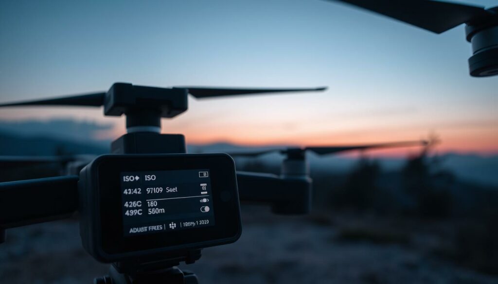 A beautifully arranged drone camera setup in a serene low-light environment, showcasing the drone's camera display screen glowing softly with essential settings for filming at dusk. In the foreground, focus on the drone's camera with adjustable settings for ISO, shutter speed, and aperture, all clearly visible. The middle layer features a dimly lit landscape with softly fading twilight colors blending blues and oranges, suggesting the time just before sunset. The background includes silhouetted trees and distant hills under a fading sky, evoking a calm and focused atmosphere. The lighting should be subtle yet impactful, emphasizing the importance of low-light adjustments. The overall mood reflects anticipation and readiness for capturing clean footage in low-light conditions, resonating with the essence of drone filmmaking at dusk.