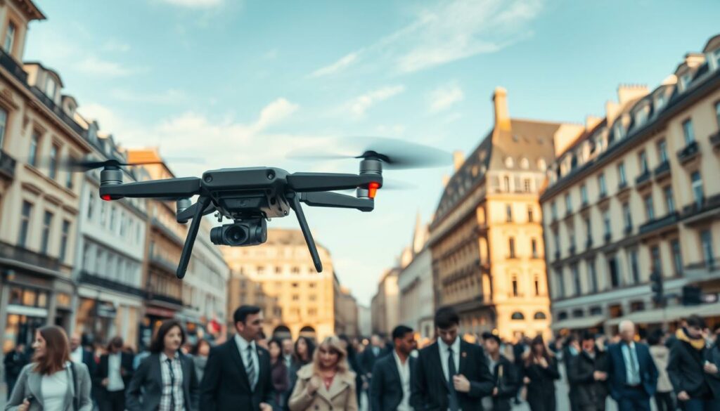 A busy European city street during the day, showcasing the importance of maintaining safe distances from uninvolved people when flying drones. In the foreground, a drone hovers above, capturing aerial views of a small crowd, with people dressed in professional business attire and modest casual clothing, maintaining spaced distances. In the middle ground, some individuals are engaging in a relaxed conversation, while others are walking, demonstrating awareness of their surroundings and the drone. The background features iconic European architecture under a clear blue sky, with soft natural lighting illuminating the scene. The camera angle is slightly elevated, providing a dynamic perspective, emphasizing the safety measures being observed. The overall mood is one of professionalism and awareness, highlighting best practices in urban drone operations. A busy European city street during the day, showcasing the importance of maintaining safe distances from uninvolved people when flying drones. In the foreground, a drone hovers above, capturing aerial views of a small crowd, with people dressed in professional business attire and modest casual clothing, maintaining spaced distances. In the middle ground, some individuals are engaging in a relaxed conversation, while others are walking, demonstrating awareness of their surroundings and the drone. The background features iconic European architecture under a clear blue sky, with soft natural lighting illuminating the scene. The camera angle is slightly elevated, providing a dynamic perspective, emphasizing the safety measures being observed. The overall mood is one of professionalism and awareness, highlighting best practices in urban drone operations.