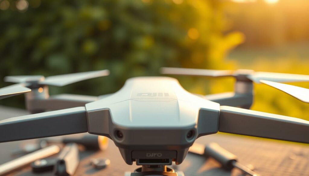 A close-up view of a DJI Air 3S drone showcasing its sleek design and robust build quality. The foreground features the drone prominently, emphasizing its smooth contours, high-quality materials, and intricate details like camera positioning and propeller design. The middle ground includes an open workspace with tools and components, suggesting a hands-on assembly or testing environment. The background features soft-focus greenery, indicating an outdoor testing location. Golden-hour lighting bathes the scene, creating a warm and inviting atmosphere. The angle is slightly low, capturing the drone’s impressive stature against the natural backdrop, evoking innovation and cutting-edge technology.