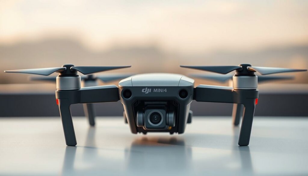 A close-up view of a DJI Mini 4 Pro drone showcasing its sleek design and superior build quality. In the foreground, highlight the drone's smooth aerodynamic contours and high-quality materials, emphasizing the matte finish and intricate details of the propellers and camera. The middle ground features the drone resting on a clean, modern surface, surrounded by minimalist design elements to convey sophistication. In the background, a softly blurred outdoor landscape illustrates the drone's intended environment, bathed in soft, natural lighting. Use a shallow depth of field to focus on the drone while softly highlighting the background. The mood should be professional and appealing, conveying a sense of innovation and precision in drone technology.