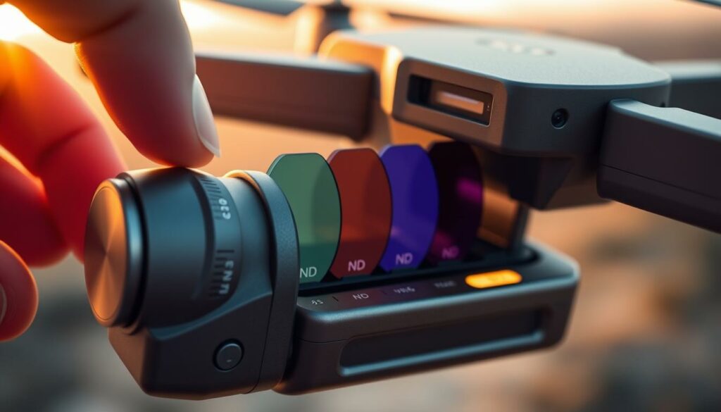 A close-up view of a drone's camera settings panel, prominently featuring adjustable ND filters in a sleek design. The foreground showcases a hand adjusting the exposure dial, with tactile buttons and a digital display illuminating the current settings. In the middle, an array of ND filters in vibrant colors are arranged with labels indicating different levels of light reduction, reflecting the precision of photographic artistry. The background is softly blurred, hinting at a dramatic outdoor landscape used in drone photography, bathed in golden hour lighting that creates a warm and engaging atmosphere. The angle is slightly tilted to provide depth, emphasizing the technical sophistication of the drone gear.