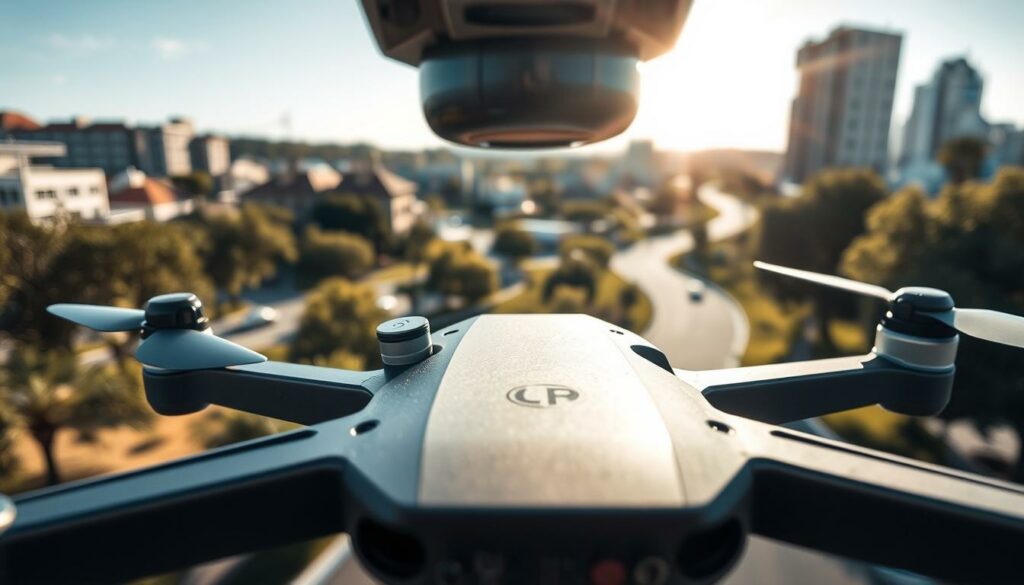 A close-up view of a high-tech drone equipped with advanced obstacle avoidance sensors, showcasing intricate details of the sensors' design and placement. The foreground features the drone in sharp focus, illustrating the sensors strategically positioned on its body. In the middle ground, a blurred urban environment with trees, buildings, and a winding path serves as a dynamic backdrop, emphasizing the drone's navigational capabilities. The scene is bathed in natural daylight, casting soft shadows for a realistic portrayal, with a slight lens flare to enhance the cutting-edge technology feel. The mood is energetic and adventurous, inviting viewers to imagine the thrill of drone piloting in action sports. A close-up view of a high-tech drone equipped with advanced obstacle avoidance sensors, showcasing intricate details of the sensors' design and placement. The foreground features the drone in sharp focus, illustrating the sensors strategically positioned on its body. In the middle ground, a blurred urban environment with trees, buildings, and a winding path serves as a dynamic backdrop, emphasizing the drone's navigational capabilities. The scene is bathed in natural daylight, casting soft shadows for a realistic portrayal, with a slight lens flare to enhance the cutting-edge technology feel. The mood is energetic and adventurous, inviting viewers to imagine the thrill of drone piloting in action sports.
