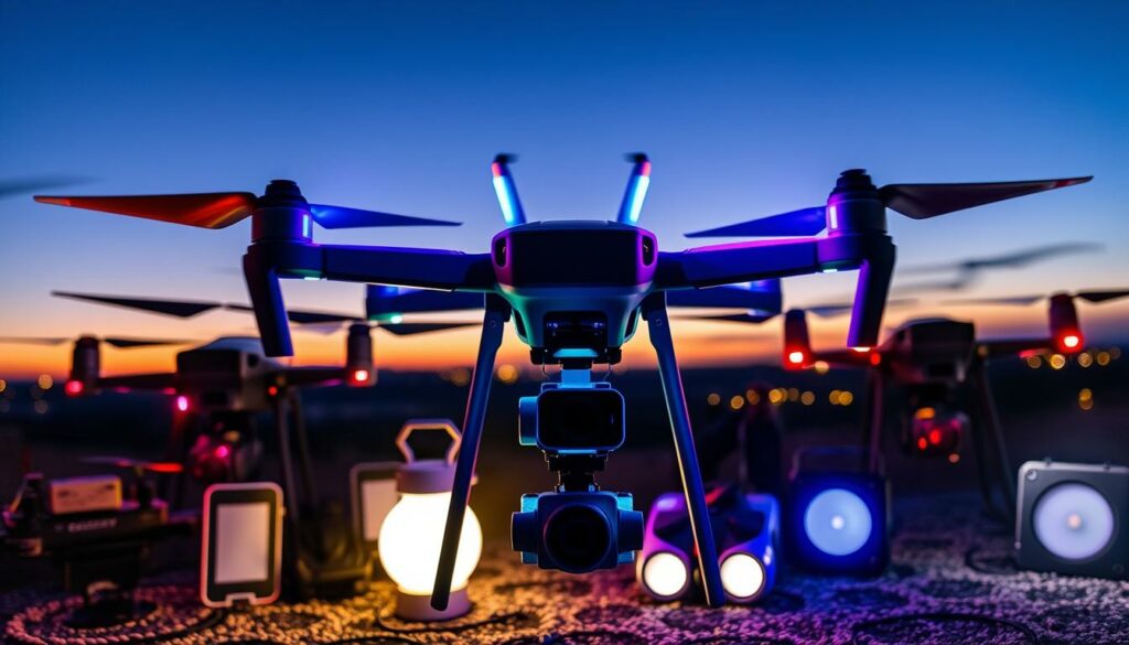 A collection of drone equipment set against a twilight sky, showcasing various models of drones equipped with bright LED lights, illuminating the scene with vibrant colors. In the foreground, a high-tech drone with a camera mounted on its underside, reflecting glimmers of light from its powerful headlights. The middle layer features an array of portable lighting options, including diffused lanterns and spotlights, strategically placed to enhance visibility. The background transitions into a serene night landscape, dotted with distant city lights. The atmosphere conveys a sense of innovation and excitement for night flying, underscored by the deep blues and purples of the night sky. The composition captures both the essential gear and the thrilling experience of operating drones after sunset, inviting the viewer to explore the possibilities of night-time aerial photography.