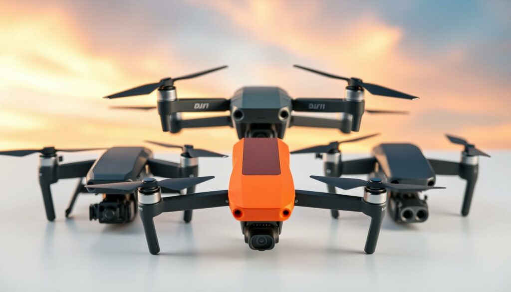 A detailed comparison of FPV drones, prominently featuring the DJI Avata 2 in the foreground, showcasing its sleek design with vibrant colors. Surrounding it are previous models like the DJI FPV and DJI Air 2S, highlighting their unique features and dimensions for a side-by-side comparison. The middle ground displays a subtle gradient backdrop of a dynamic sky, capturing the essence of aerial exploration and content creation, while a soft golden hour lighting bathes the drones, enhancing their textures. The overall mood is professional and informative, evoking curiosity and engaging the viewer's interest in drone technology. The composition is focused, with a slight top-down angle to present all models clearly, offering an inviting perspective for tech enthusiasts.