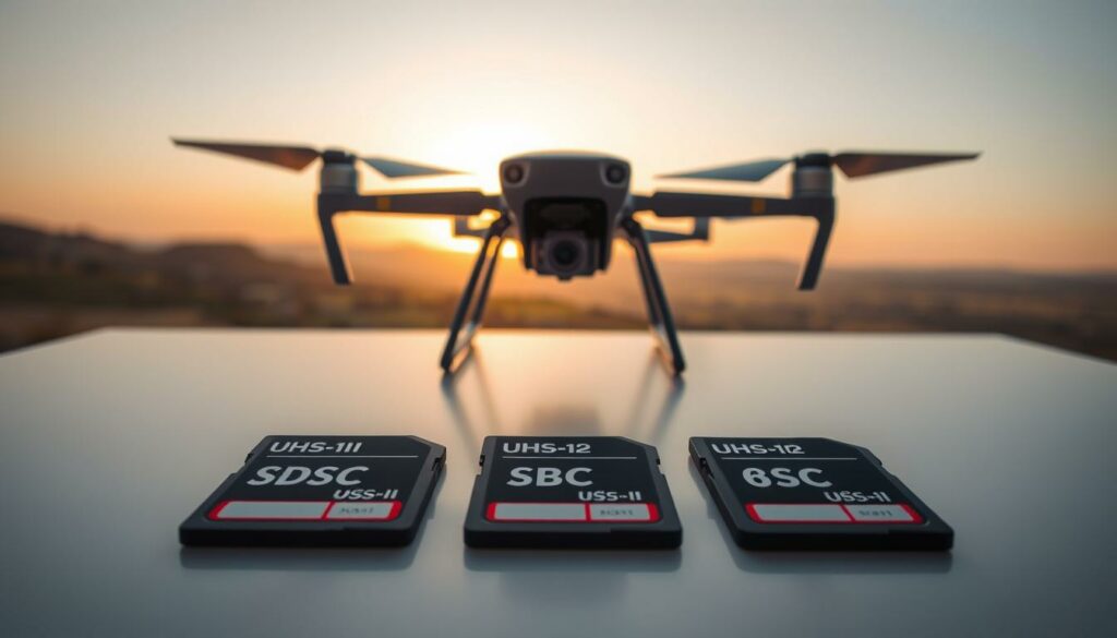 A detailed comparison of various drone memory cards laid out on a sleek, modern table. The foreground features three distinct memory cards: one high-speed SDSC, one UHS-I, and one UHS-II, each labeled with its speed ratings and capacity. The middle ground includes a high-quality drone hovering above, capturing the scene from a low angle, with the drone's camera visible, emphasizing its potential for high-resolution video. In the background, a soft-focus landscape showcases a beautiful sunset, providing a dynamic contrast to the technical elements. Soft, natural lighting highlights the memory cards' textures and colors, creating an inviting atmosphere. The image conveys a sense of professionalism and excitement about drone videography without any distractions like text or watermarks.