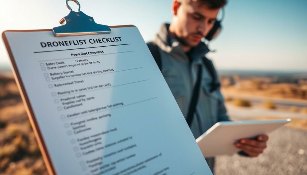 A detailed drone safety pre-flight checklist displayed prominently on a clip board. In the foreground, a close-up view of the checklist includes items like battery level check, propeller inspection, and no-fly zone verification. The middle section features a professional drone pilot in modest casual clothing, diligently reviewing the checklist with a focused expression. In the background, an expansive outdoor landscape showcases open skies and a distant horizon, symbolizing safe flying conditions. The atmosphere is clear and bright, highlighting the importance of safety in drone operations. Soft sunlight casts natural shadows, enhancing the realism of the scene while emphasizing the checklist's significance in ensuring compliance with German drone regulations. The image captures a mood of professionalism and responsibility in the context of drone piloting.