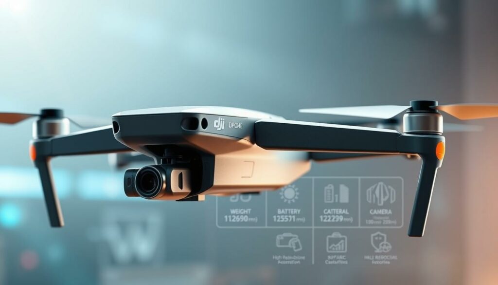 A detailed illustration of a DJI drone, showcasing its specifications and features under new regulations. In the foreground, the drone is prominently displayed from an angled perspective, highlighting its sleek design with rotating propellers and a high-resolution camera. The middle ground features an infographic style layout, displaying key specifications like weight, battery life, and camera capabilities, artistically arranged to resemble technical schematics. The background consists of a subtle gradient, evoking a professional technology atmosphere with hints of blue and white, resembling a high-tech setting. Soft, diffuse lighting enhances the drone's contours, while a slight focus blur adds depth, making the textural details of the drone stand out. The overall mood is informative and futuristic, ideal for a modern audience engaged with drone technology.