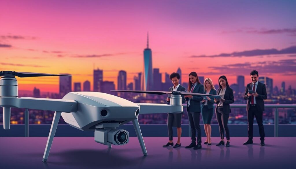 A detailed illustration representing the concept of "Legacy Drone Transitional Rules." In the foreground, a modern drone is prominently displayed, showcasing its sleek design and advanced features. In the middle ground, a diverse group of professional individuals, dressed in business attire, attentively review drone regulations on digital tablets, symbolizing the transition process. The background features a city skyline at twilight, with a vibrant gradient of purple and orange hues in the sky, conveying a sense of innovation and progress. Soft lighting emphasizes the important details while casting gentle shadows, enhancing the professional atmosphere. Capture the mood of anticipation and adaptation to new regulations within the UK drone landscape for 2026.