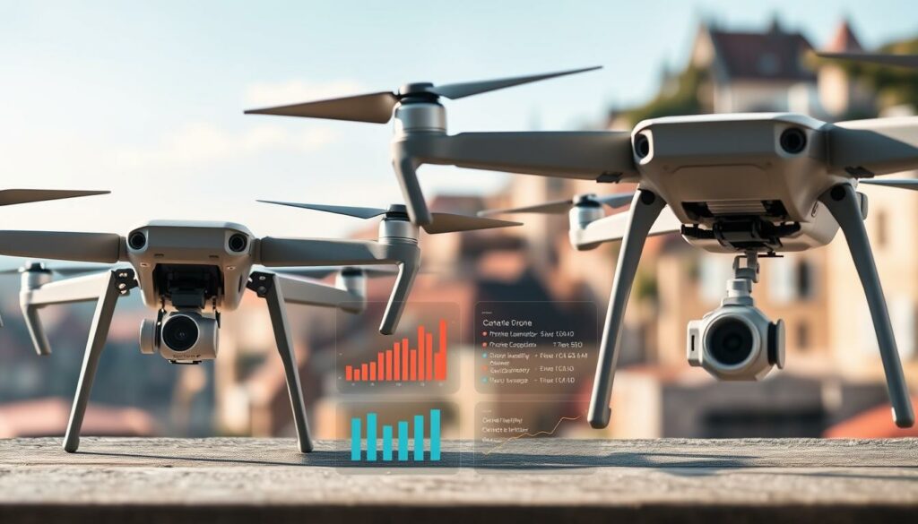 A detailed side-by-side comparison of two drones designed for content creation, prominently displayed in the foreground. The drones should feature sleek, modern designs, one with a compact body and the other with a larger frame, both equipped with high-resolution cameras. The middle ground includes graphs and icons representing drone insurance options, subtly integrated into the scene. The background can show a scenic European landscape, hinting at the outdoors where content creators often operate. Bright, natural lighting enhances the professional atmosphere, while a slightly blurred view adds depth, focusing attention on the drones. The mood is informative and engaging, emphasizing the importance of securing the right insurance for drone businesses.