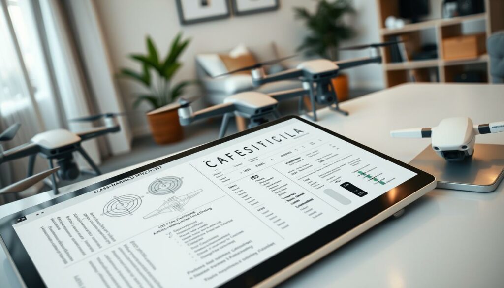 A detailed technical specification sheet for class-marked aircraft, prominently displayed on a sleek digital tablet placed on a modern workspace desk. In the foreground, the tablet screen showcases intricate diagrams and labels, highlighting aerodynamic features, weight capacities, and battery specifications, with a close-up focus on the text. The middle layer features various drone models lightly arranged around the tablet, emphasizing their design and technical complexity. The background includes a softly lit home office setting with contemporary furnishings, evoking a professional atmosphere. Use soft, ambient lighting to create a focused yet inviting mood, and an angle that emphasizes the specifications while providing a comprehensive view of the workspace environment. No text, logos, or watermarks present in the image.