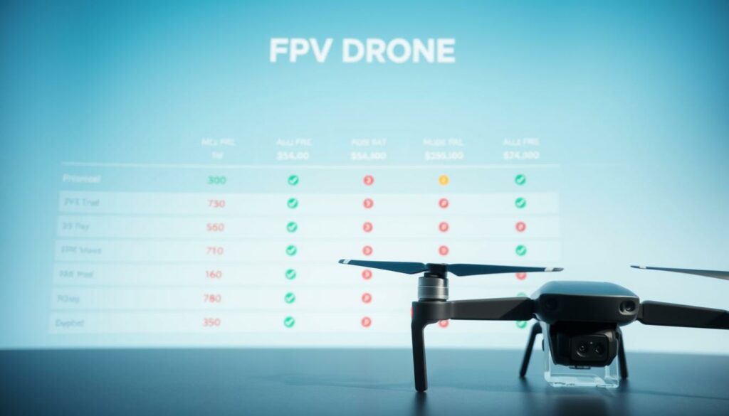 A detailed, visually appealing comparison chart showing FPV drone pricing and value. In the foreground, display an elegant, sleek FPV drone, like the DJI Avata 2, positioned prominently. In the middle, depict a well-organized list of pricing tiers and value metrics, using colorful icons and symbols for visual impact. The background should feature a subtle gradient of blue and white, evoking a high-tech atmosphere, with soft lighting to highlight key elements. Use a wide-angle perspective to create depth, ensuring a clean, professional look. The mood should be informative yet engaging, appealing to content creators seeking the best FPV drones on the market.