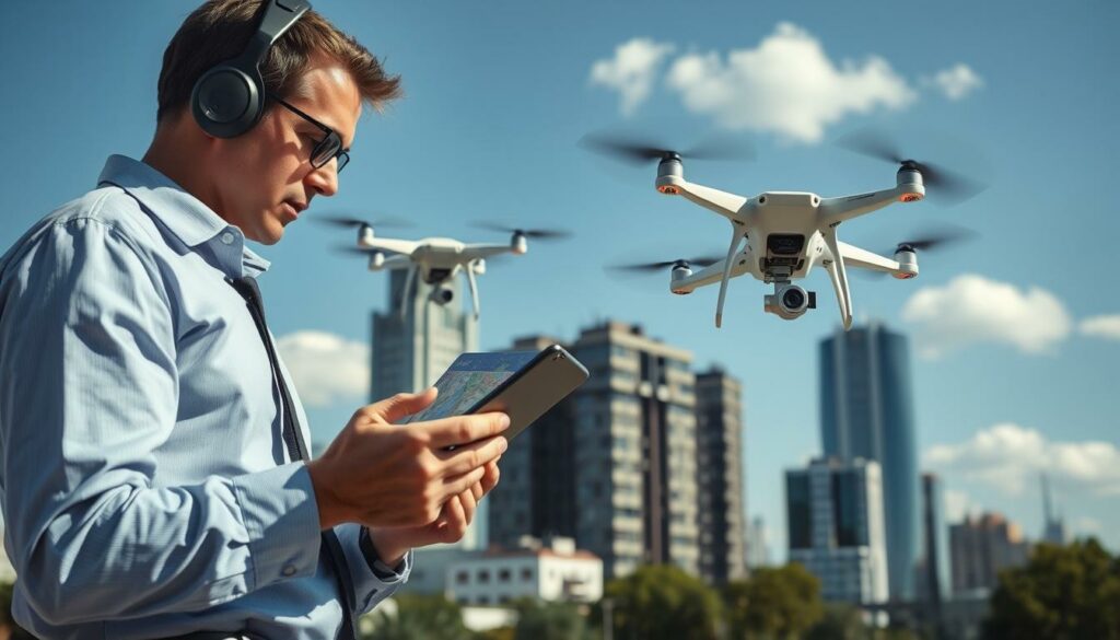 A detailed, visually captivating scene depicting a risk management flight scenario for drone operators. In the foreground, a professional drone pilot in business attire examines a digital map on a tablet, highlighting designated flight zones and no-fly areas. The middle ground features a drone in flight, navigating through a complex urban environment with towering buildings and scattered trees, showcasing potential obstacles. The background includes a clear blue sky with a few fluffy clouds, emphasizing a safe flying atmosphere. Natural sunlight filters through the scene, casting soft shadows for realism. The overall mood is focused and professional, conveying the importance of careful planning and risk assessment in drone operations.