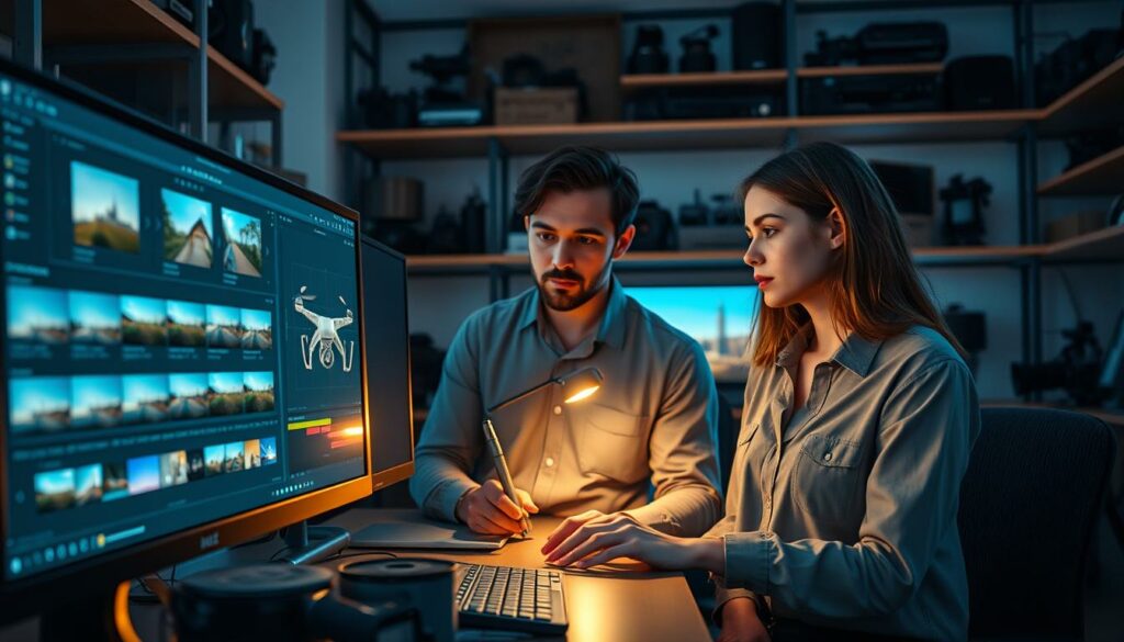 A digital workspace portraying post-production editing techniques for hyperlapse videos. In the foreground, a detailed computer screen displays editing software, with tools highlighting features like speed adjustment, color grading, and stabilization effects. Surrounding the screen are film reels and drone footage thumbnails. The middle ground features a professional male and female editor, dressed in modest casual clothing, intently analyzing the footage, with a light reflecting off their focused expressions. In the background, shelves lined with cameras and editing equipment create an organized but creative atmosphere, bathed in soft, ambient lighting. The overall mood is collaborative and innovative, emphasizing the artistry behind crafting stunning drone timelapses.