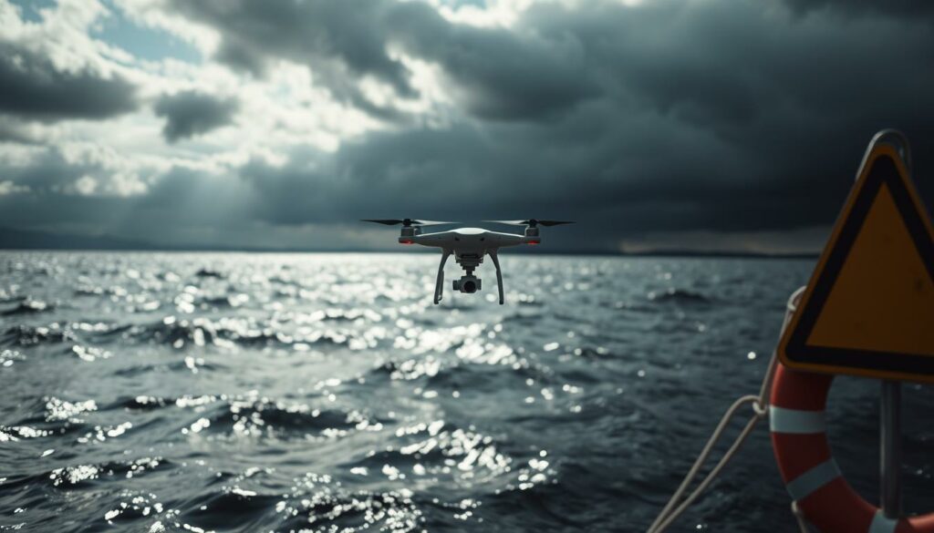 A drone hovering just above the turbulent surface of a large lake, its reflection shimmering on the water. In the foreground, a lifebuoy and a caution sign are visible, symbolizing safety risks associated with drone operation over water. The middle ground features the drone, capturing images of the surrounding environment, while in the background, ominous dark clouds gathering on the horizon suggest an impending storm, creating a tense atmosphere. The lighting is dramatic, with soft sunlight breaking through the clouds, casting shadows and highlighting the contours of the waves. The scene is captured from a slightly low angle, emphasizing the drone's presence and the urgency of the potential risks. The mood is cautionary, perfect for illustrating the inherent dangers of operating drones over water. A drone hovering just above the turbulent surface of a large lake, its reflection shimmering on the water. In the foreground, a lifebuoy and a caution sign are visible, symbolizing safety risks associated with drone operation over water. The middle ground features the drone, capturing images of the surrounding environment, while in the background, ominous dark clouds gathering on the horizon suggest an impending storm, creating a tense atmosphere. The lighting is dramatic, with soft sunlight breaking through the clouds, casting shadows and highlighting the contours of the waves. The scene is captured from a slightly low angle, emphasizing the drone's presence and the urgency of the potential risks. The mood is cautionary, perfect for illustrating the inherent dangers of operating drones over water.