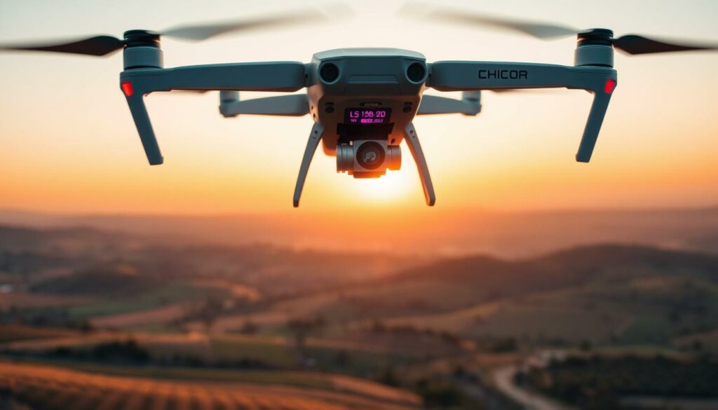 A dynamic aerial scene showcasing the performance of a drone as it navigates over a diverse landscape. In the foreground, the drone is in mid-flight, displaying sleek, modern design features and a vibrant LED display that highlights battery life and flight time metrics. In the middle ground, a sweeping vista unfolds, illustrating a range of distances achieved—rural fields, hills, and a distant horizon. The background features a soft sunset, casting warm golden hues across the sky, enhancing the mood of exploration and technology. Use natural lighting to illuminate the drone and surroundings, capturing an angle that emphasizes its altitude and position in the sky, while conveying a sense of efficiency and high performance in flight. A dynamic aerial scene showcasing the performance of a drone as it navigates over a diverse landscape. In the foreground, the drone is in mid-flight, displaying sleek, modern design features and a vibrant LED display that highlights battery life and flight time metrics. In the middle ground, a sweeping vista unfolds, illustrating a range of distances achieved—rural fields, hills, and a distant horizon. The background features a soft sunset, casting warm golden hues across the sky, enhancing the mood of exploration and technology. Use natural lighting to illuminate the drone and surroundings, capturing an angle that emphasizes its altitude and position in the sky, while conveying a sense of efficiency and high performance in flight.