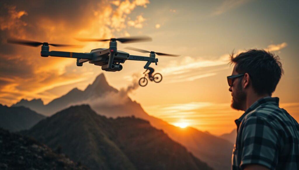 A dynamic scene capturing the essence of overcoming challenges in extreme sports filming. In the foreground, a skilled drone operator in modest casual clothing expertly maneuvers his drone, focused and determined. The middle layer showcases a breathtaking extreme sports athlete mid-action, such as a mountain biker soaring over a rocky terrain or a surfer carving through waves, showcasing both intensity and skill. In the background, dramatic mountains loom under a vibrant sunset, with warm golden and deep orange hues illuminating the scene, creating an adventurous mood. The angled perspective emphasizes the height and excitement of the action, while a slight motion blur adds a sense of dynamism to the athlete. The overall atmosphere should be exhilarating, highlighting the thrill and challenges of filming action sports with drones. A dynamic scene capturing the essence of overcoming challenges in extreme sports filming. In the foreground, a skilled drone operator in modest casual clothing expertly maneuvers his drone, focused and determined. The middle layer showcases a breathtaking extreme sports athlete mid-action, such as a mountain biker soaring over a rocky terrain or a surfer carving through waves, showcasing both intensity and skill. In the background, dramatic mountains loom under a vibrant sunset, with warm golden and deep orange hues illuminating the scene, creating an adventurous mood. The angled perspective emphasizes the height and excitement of the action, while a slight motion blur adds a sense of dynamism to the athlete. The overall atmosphere should be exhilarating, highlighting the thrill and challenges of filming action sports with drones.