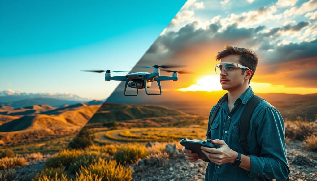 A dynamic scene showcasing drone testing in varied weather conditions—a rugged landscape with rolling hills and a clear blue sky on one side transitioning to dark storm clouds and swirling winds on the other. In the foreground, a knowledgeable young adult in professional attire, wearing safety goggles and holding a remote controller, focuses intently on maneuvering a sleek, modern drone. The middle ground features the drone hovering expertly above a small open field, the propellers visible in motion. In the background, one can see a vibrant sunset casting golden hues over the hills, contrasting with the looming storm. Soft lighting enhances the mood of adventure and innovation, while a slight lens flare adds depth to the composition. A dynamic scene showcasing drone testing in varied weather conditions—a rugged landscape with rolling hills and a clear blue sky on one side transitioning to dark storm clouds and swirling winds on the other. In the foreground, a knowledgeable young adult in professional attire, wearing safety goggles and holding a remote controller, focuses intently on maneuvering a sleek, modern drone. The middle ground features the drone hovering expertly above a small open field, the propellers visible in motion. In the background, one can see a vibrant sunset casting golden hues over the hills, contrasting with the looming storm. Soft lighting enhances the mood of adventure and innovation, while a slight lens flare adds depth to the composition.