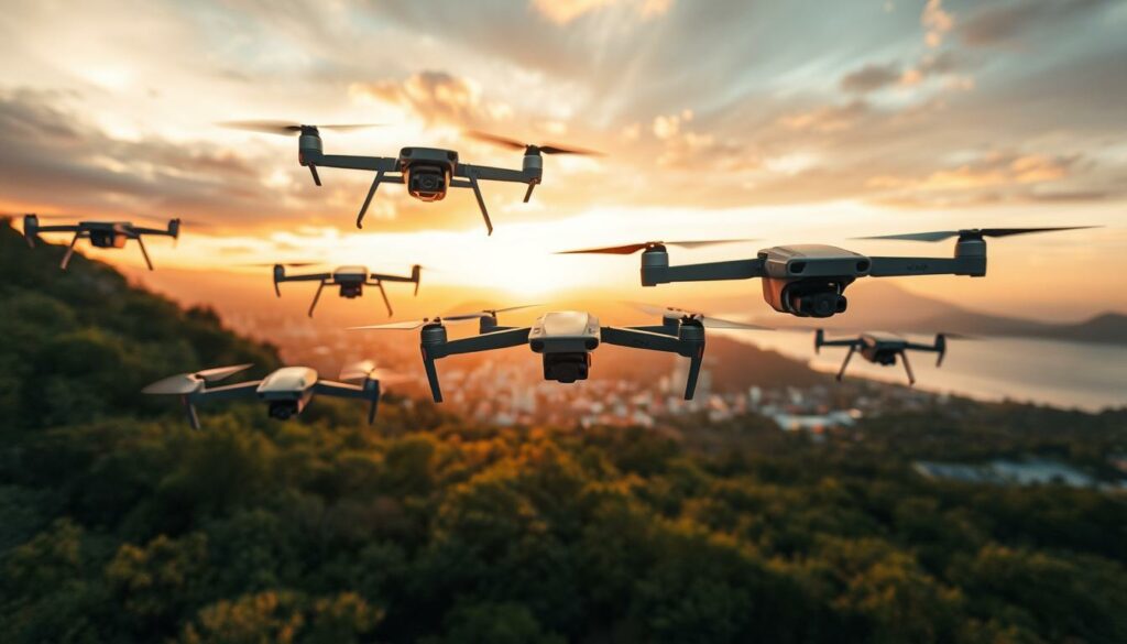 A futuristic drone cinematography scene showcasing advanced drone technology innovations. In the foreground, an array of cutting-edge drones with sleek, aerodynamic designs and enhanced camera systems are flying gracefully. The middle ground features a vibrant landscape, capturing a diverse range of environments suitable for documentary filmmaking—lush forests, urban skylines, and idyllic coastlines. The background is a dramatic sunset sky, casting warm golden hues that reflect off the drone surfaces. The composition emphasizes dynamic movement and innovation with drones maneuvering in various angles, capturing breathtaking aerial views. Use a wide-angle lens effect to enhance the sense of scale and depth. The atmosphere is one of excitement and potential, reflecting the future of storytelling through drone cinematography. Ensure the image is professional and free of any text, overlays, or watermarks.