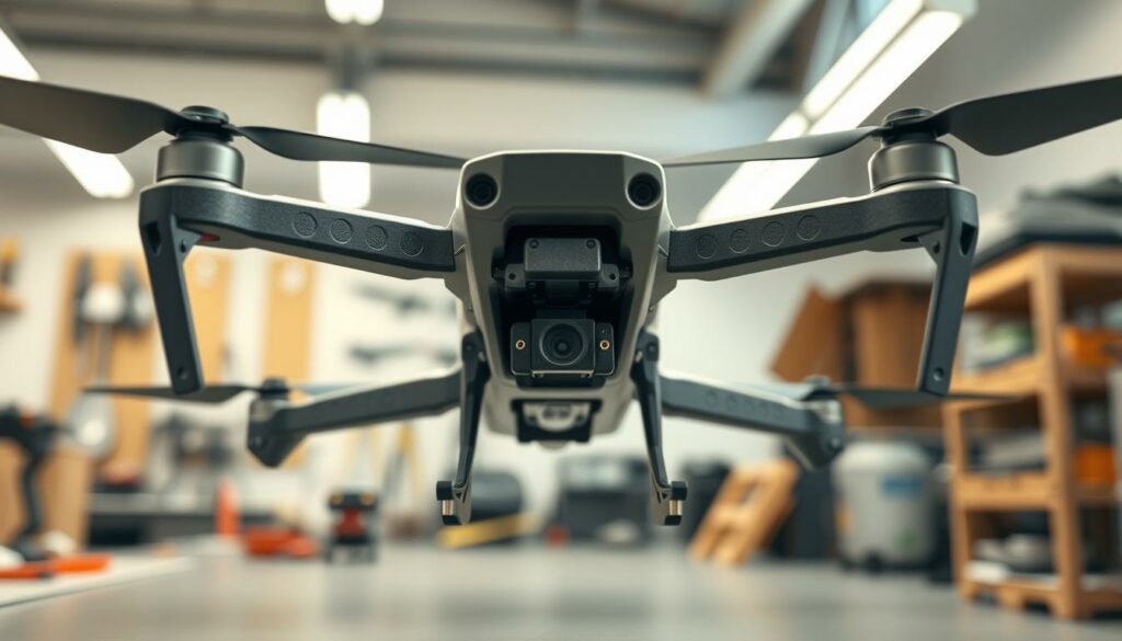 A high-quality, detailed design illustration of a FPV drone featuring ducted guards, prominently displayed in the foreground. The drone showcases sleek, aerodynamic lines and a robust build, with emphasis on the innovative ducted guards providing added protection to the propellers. In the middle ground, a blurred workshop setting reveals tools and materials related to drone construction, hinting at a creative engineering atmosphere. The background features soft, diffused lighting, reminiscent of an overcast day, enhancing the drone's metallic surfaces while casting subtle shadows. The perspective is slightly angled from below, capturing the drone's intricate design details. The overall mood conveys professionalism and innovation, highlighting the durability and design excellence of modern FPV drones.