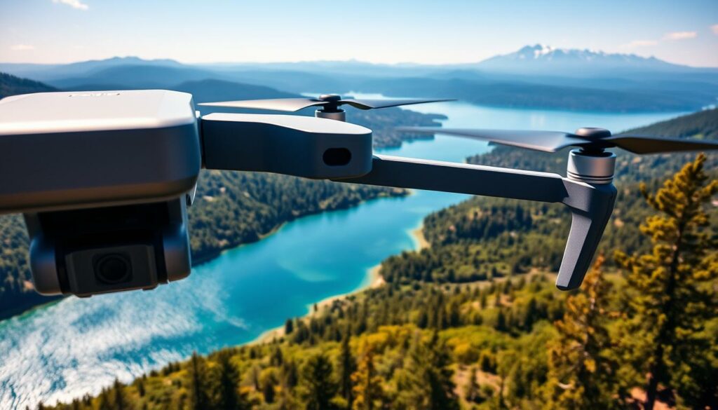A high-resolution image showcasing a DJI Air 3S drone in flight, capturing breathtaking aerial footage. In the foreground, the drone is sharply focused, revealing intricate details of its design, including the camera lens and gimbal. In the middle ground, stunning scenic landscapes unfold, featuring vibrant green hills, a shimmering blue lake, and a diverse forest, all under clear skies and soft sunlight that casts gentle shadows, enhancing the image quality. In the background, a distant mountain range rises majestically, adding depth. The atmosphere conveys a sense of adventure and exploration, with a slight breeze suggested by the swaying trees. The composition emphasizes how the drone seamlessly blends advanced technology with nature, highlighting its exceptional camera performance and image quality without any text or overlays.