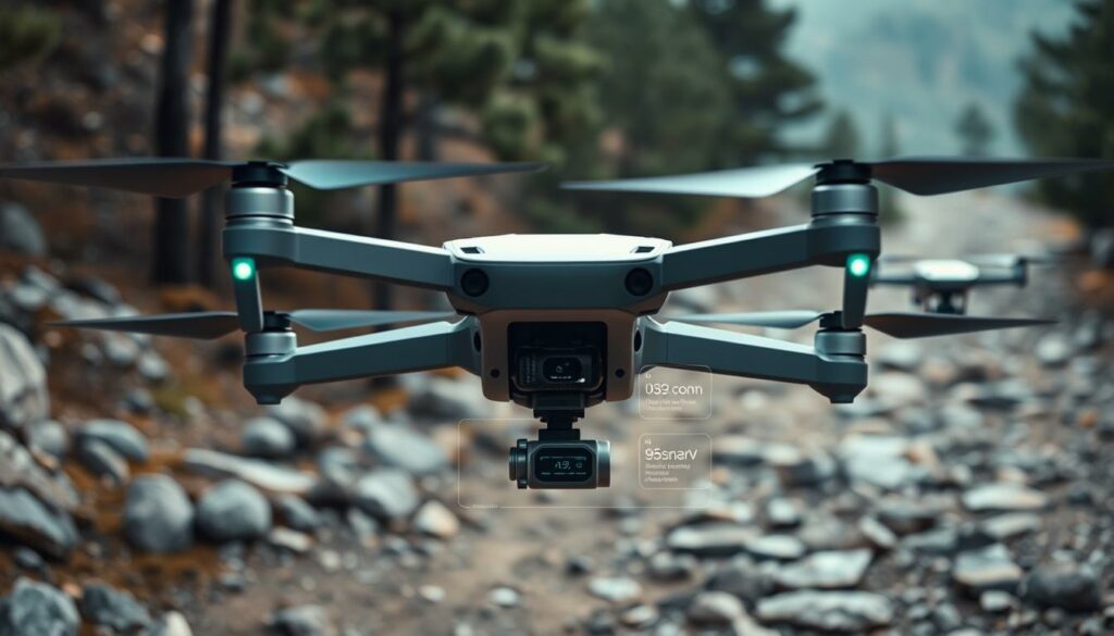 A high-tech drone equipped with advanced sensors hovering in a rugged outdoor environment, showcasing its obstacle avoidance system. The foreground features intricate sensor technologies, including LIDAR and cameras, mounted on the drone, emitting pulse signals. In the middle ground, visualize a digital interface displaying real-time data fusion analytics, showing sensor readings and decision-making algorithms. The background is a dynamic landscape with trees, rocks, and a rugged path, reflecting natural obstacles. Use soft, diffused lighting to create an atmosphere of innovation and high-tech sophistication. The angle should be slightly low, emphasizing the drone's technological capabilities. Ensure the overall mood conveys a sense of precision and cutting-edge technology, devoid of any text or branding elements.