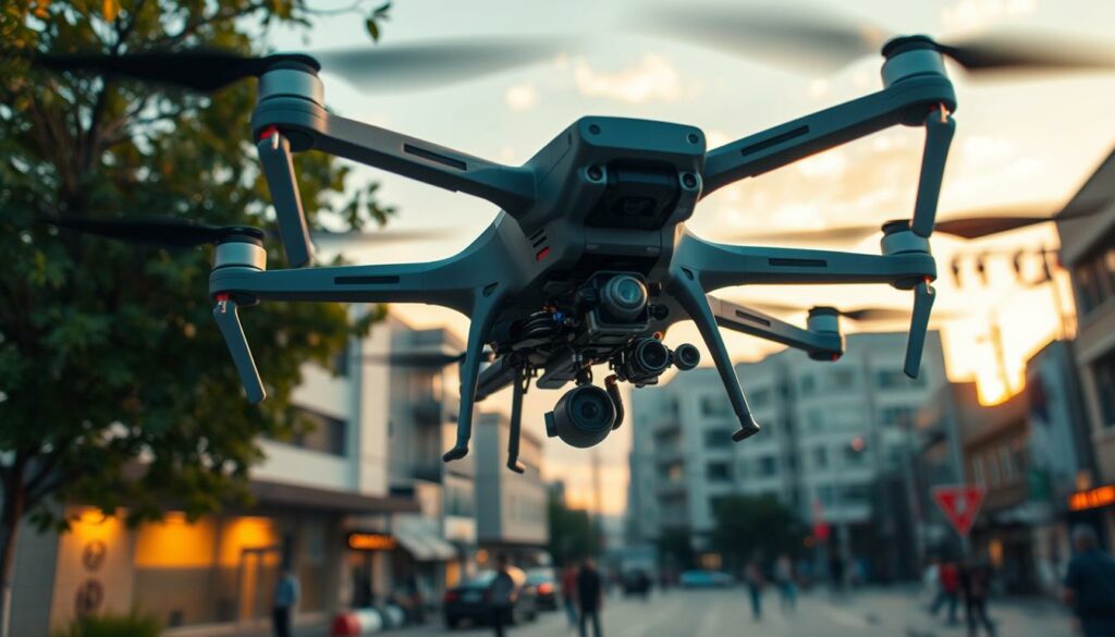 A high-tech scene illustrating drone collision avoidance challenges. In the foreground, a sleek drone equipped with various sensors hovers cautiously near several obstacles, including tree branches and power lines, demonstrating the complexity of real-time navigation. In the middle ground, a busy urban environment with buildings and pedestrians, showcasing the necessity for obstacle detection in a dynamic space. The background features a sunset sky with a warm glow, reflecting the urgency and innovation in drone technologies. Use a wide-angle lens to capture the scene with dramatic perspective, highlighting the drone's intricate technology in sharp focus against a slightly blurred backdrop. The atmosphere conveys tension and a sense of technological struggle amidst urban chaos, emphasizing the critical challenges faced in modern obstacle avoidance systems.