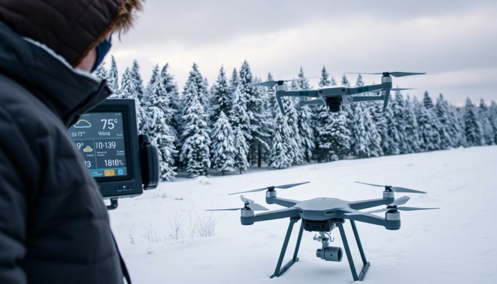 A high-tech weather monitoring station in a snow-covered landscape, focusing on drone operations. In the foreground, a professional in a warm, layered outfit checks a digital weather display, detailing temperature, wind speed, and humidity. The middle ground features a sleek drone poised for takeoff, equipped with sensors and cameras for environmental data collection. In the background, dense trees are covered with a blanket of snow, under a cloudy sky hinting at flurries. Soft, diffused lighting enhances the chilly atmosphere while showcasing the importance of monitoring conditions. The perspective is slightly elevated, giving a comprehensive view of the operation scene, emphasizing safety and precision in cold weather drone flights. A high-tech weather monitoring station in a snow-covered landscape, focusing on drone operations. In the foreground, a professional in a warm, layered outfit checks a digital weather display, detailing temperature, wind speed, and humidity. The middle ground features a sleek drone poised for takeoff, equipped with sensors and cameras for environmental data collection. In the background, dense trees are covered with a blanket of snow, under a cloudy sky hinting at flurries. Soft, diffused lighting enhances the chilly atmosphere while showcasing the importance of monitoring conditions. The perspective is slightly elevated, giving a comprehensive view of the operation scene, emphasizing safety and precision in cold weather drone flights.