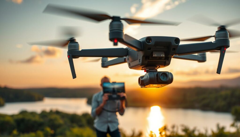 A modern drone hovering gracefully in the foreground, showcasing sleek design features that highlight quality craftsmanship. The drone is capturing sweeping aerial footage of a vibrant landscape filled with lush greenery and a serene lake, representing the essence of documentary filmmaking. In the middle ground, a professional filmmaker in smart casual attire is monitoring a screen displaying the drone's footage, embodying the balance of investment and creativity. The background features a picturesque sunset, casting warm golden light that reflects on the water, creating a tranquil atmosphere. The composition is captured from a slightly elevated angle, with a wide lens to emphasize both the drone and the expansive scenery. This image conveys a sense of innovation and quality versus cost in drone technology, suitable for visual storytelling in filmmaking.