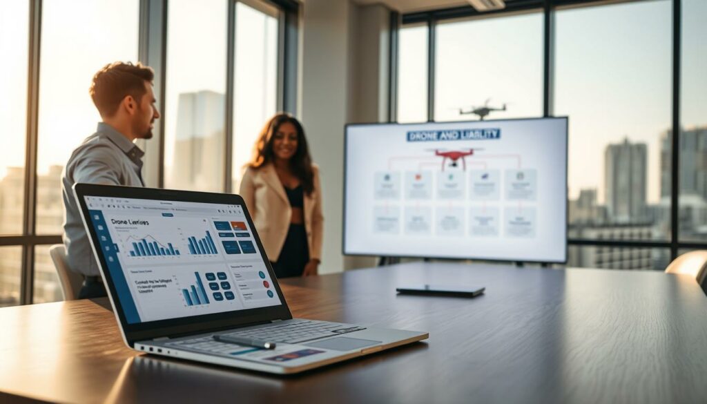 A modern office setting, featuring a diverse group of three professionals in business attire, engaged in a discussion around a conference table. In the foreground, a sleek laptop displays graphs and documents related to drone claims and liability. In the middle ground, a large screen shows a visual flowchart illustrating the claims process for drone insurance. The background includes large windows with a view of a cityscape, bathed in warm afternoon light, casting gentle shadows. The overall mood is focused and collaborative, highlighting the importance of understanding claims and customer support in the context of drone insurance. The lens captures a slightly elevated angle to provide depth, emphasizing teamwork and professionalism.