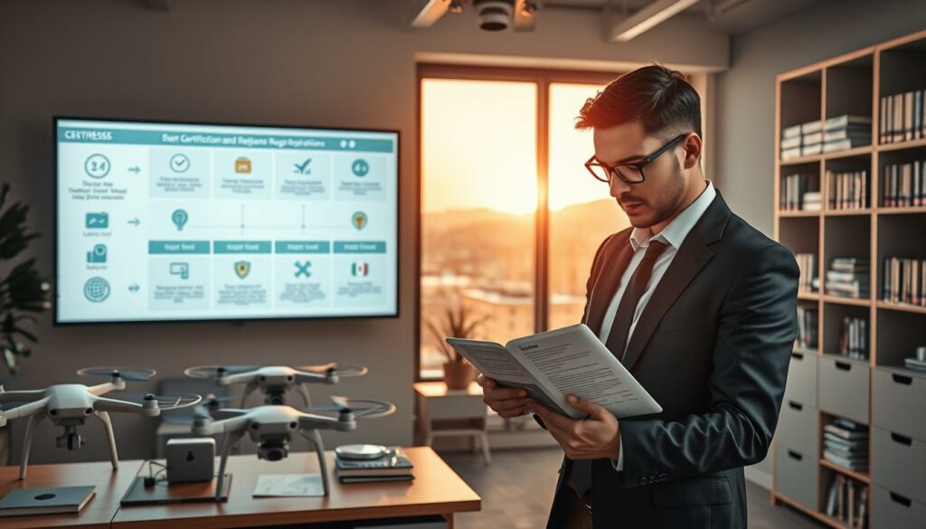 A modern office setting showcasing a drone certification and registration process. In the foreground, a professional in business attire examines a tablet displaying regulatory documents, surrounded by drone models and charts. The middle ground features a large screen showing a step-by-step guide to drone licensing, with icons symbolizing safety checks and paperwork. In the background, shelves filled with books on aviation regulations and a window overlooking an Italian skyline bathed in warm, natural light. The atmosphere is focused and informative, conveying a sense of professionalism and advancement in drone technology, with a mixture of clarity and inspiration for the viewer. A modern office setting showcasing a drone certification and registration process. In the foreground, a professional in business attire examines a tablet displaying regulatory documents, surrounded by drone models and charts. The middle ground features a large screen showing a step-by-step guide to drone licensing, with icons symbolizing safety checks and paperwork. In the background, shelves filled with books on aviation regulations and a window overlooking an Italian skyline bathed in warm, natural light. The atmosphere is focused and informative, conveying a sense of professionalism and advancement in drone technology, with a mixture of clarity and inspiration for the viewer.