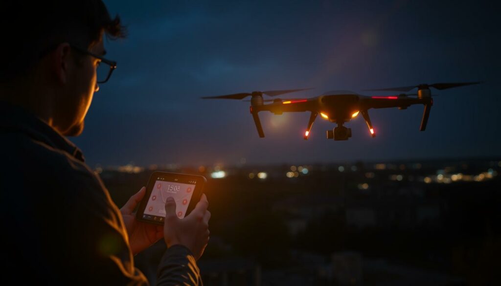 A nighttime scene depicting a drone in flight, showcasing the concept of visual line of sight. In the foreground, a skilled drone operator, dressed in modest casual clothing, is concentrating on the drone's monitor, illuminated by soft, warm light from the device. The middle ground features a sleek, high-tech drone, its lights flashing in vibrant colors, revealing its presence against the dark sky. The background displays a serene landscape with distant city lights twinkling, contrasting with the deep blue of the night. The atmosphere is calm yet focused, capturing the essence of flight safety and mastery at night, with a subtle lens flare effect to enhance the lighting nuances.