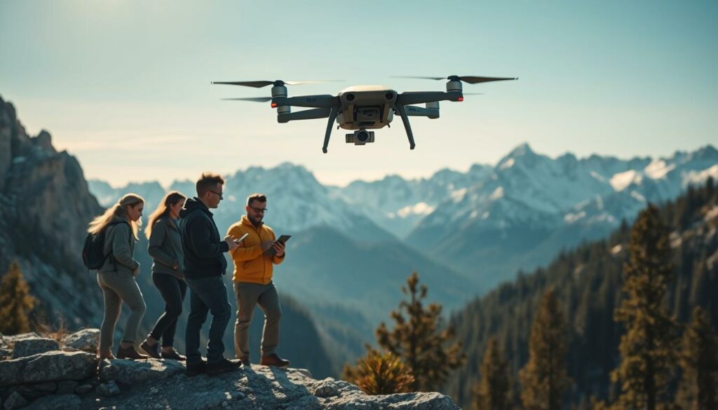 A panoramic view of a drone navigating through rugged mountainous terrain, capturing a strategic operational scene. In the foreground, a diverse team of professionals dressed in modest casual clothing stands on a rocky outcrop, gazing intently at the drone's flight path displayed on a tablet. The middle ground features the drone soaring gracefully above steep cliffs and dense pine forests, with visible propellers and a sleek design. The background showcases majestic snow-capped peaks under a clear blue sky, illuminated by warm sunlight that casts dramatic shadows. The atmosphere is one of focus and determination, highlighting teamwork and advanced technology in challenging environments. The image should be shot from a slightly elevated angle to emphasize both the drone and the team’s engagement with the mountainous landscape.