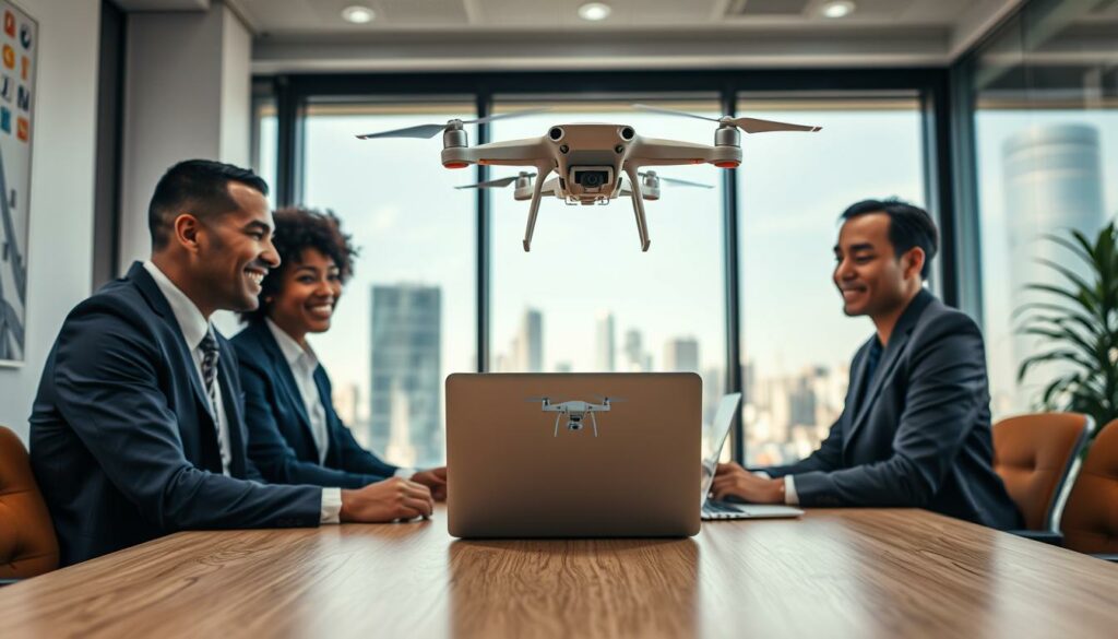 A professional and vibrant scene depicting the membership benefits of drone insurance for content creators. In the foreground, a diverse group of three individuals dressed in smart business attire is engaged in a discussion around a conference table, with a laptop open displaying aerial footage on the screen. In the middle ground, a sleek drone hovers, capturing the moment. The background features a large window revealing a vibrant city skyline, suggesting creativity and innovation. Soft, natural lighting streams in, creating an inspiring atmosphere. The overall mood is optimistic and collaborative, emphasizing the idea of unlocking new opportunities and advantages through drone membership. Ensure a clear focus on the individuals and their interaction with the technology.