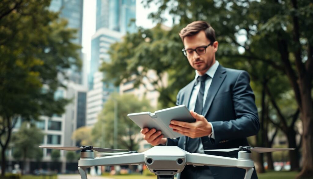 A professional drone operator standing in a city park, examining a tablet with a drone in the foreground, ready for flight. The operator is dressed in smart business attire, emphasizing professionalism and responsibility. In the middle ground, various urban elements like modern buildings and trees create a backdrop of a bustling European city. The drone is a sleek, high-tech model, with clear details on its propellers and camera. The overall atmosphere is serious yet approachable, signifying the importance of insurance and liability in drone operations. Natural daylight filters through the trees, casting soft shadows, and enhancing the sense of a well-regulated environment. The angle is slightly low, looking up at the operator and the drone, conveying a sense of importance and diligence. A professional drone operator standing in a city park, examining a tablet with a drone in the foreground, ready for flight. The operator is dressed in smart business attire, emphasizing professionalism and responsibility. In the middle ground, various urban elements like modern buildings and trees create a backdrop of a bustling European city. The drone is a sleek, high-tech model, with clear details on its propellers and camera. The overall atmosphere is serious yet approachable, signifying the importance of insurance and liability in drone operations. Natural daylight filters through the trees, casting soft shadows, and enhancing the sense of a well-regulated environment. The angle is slightly low, looking up at the operator and the drone, conveying a sense of importance and diligence.