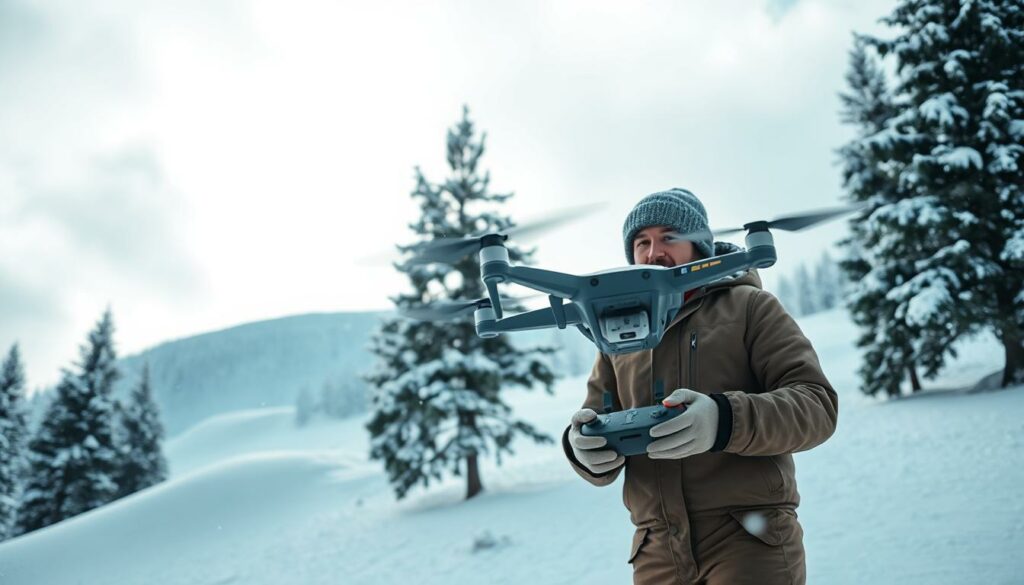 A professional drone pilot demonstrating winter drone flying techniques in a snowy landscape. In the foreground, the pilot, dressed in warm, layerable winter attire and a protective beanie, expertly commands a sleek drone with a remote control. The middle ground features tall, frosted pine trees and a gently rolling snowy hill, capturing the essence of winter. In the background, a soft, diffused sunlight breaks through gray clouds, illuminating the scene with a serene, cool-blue light. Snowflakes drift through the air, adding to the chilly atmosphere. The composition is shot from a low angle, emphasizing the drone's flight path while showing the pilot’s focused expression, embodying the mastery of flying in winter conditions. A professional drone pilot demonstrating winter drone flying techniques in a snowy landscape. In the foreground, the pilot, dressed in warm, layerable winter attire and a protective beanie, expertly commands a sleek drone with a remote control. The middle ground features tall, frosted pine trees and a gently rolling snowy hill, capturing the essence of winter. In the background, a soft, diffused sunlight breaks through gray clouds, illuminating the scene with a serene, cool-blue light. Snowflakes drift through the air, adding to the chilly atmosphere. The composition is shot from a low angle, emphasizing the drone's flight path while showing the pilot’s focused expression, embodying the mastery of flying in winter conditions.