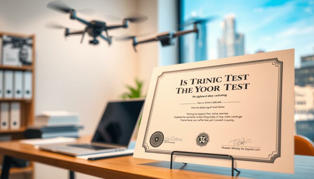 A professional online theory test certificate for drone competency, prominently displayed in the foreground. The certificate should feature a modern design, showcasing a distinct emblem representing drone training. The middle ground includes a serene indoor study environment with an organized desk, a laptop, and aviation-related educational materials. The background shows a softly blurred image of drone flight, symbolizing the practical application of the skills learned. The lighting is bright and inviting, suggesting a motivated learning space, while the angle captures the certificate as the focal point, emphasizing achievements in education and training. The overall mood is aspirational and enlightening, reflecting the value of mastering drone operation in urban settings. A professional online theory test certificate for drone competency, prominently displayed in the foreground. The certificate should feature a modern design, showcasing a distinct emblem representing drone training. The middle ground includes a serene indoor study environment with an organized desk, a laptop, and aviation-related educational materials. The background shows a softly blurred image of drone flight, symbolizing the practical application of the skills learned. The lighting is bright and inviting, suggesting a motivated learning space, while the angle captures the certificate as the focal point, emphasizing achievements in education and training. The overall mood is aspirational and enlightening, reflecting the value of mastering drone operation in urban settings.