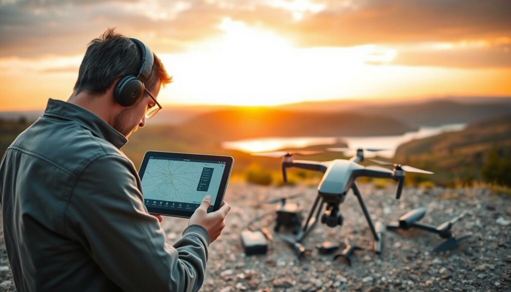 A scenic outdoor setting featuring a professional drone pilot meticulously planning flight paths on a large tablet, capturing cinematic shots. In the foreground, the pilot, dressed in smart casual attire, focuses intently on the screen displaying maps and flight trajectories. The middle section showcases the advanced drone ready for takeoff, surrounded by aviation gear, such as spare batteries and extra propellers. The background reveals a stunning landscape with rolling hills, a serene lake, and a vibrant sunset, casting warm, golden light across the scene. The atmosphere is calm and focused, highlighting the meticulous planning required for dramatic aerial cinematography. The composition emphasizes clear lines leading the viewer's eye from the pilot to the drone and the breathtaking environment beyond.