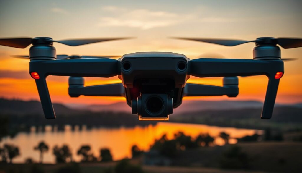 A serene aerial view captured during the golden hour of dusk, showcasing a drone hovering above a tranquil landscape. In the foreground, the drone is equipped with a high-end camera, showcasing its advanced technology. The middle ground features a breathtaking sunset casting warm hues of orange and purple across a still lake, reflecting the sky's colors, while neighboring trees outline the water's edge. In the background, gentle rolling hills fade into the distance, emphasizing a peaceful atmosphere. The image conveys a sense of calm and professionalism, ideal for illustrating best practices in minimizing noise during low light photography, with soft lighting enhancing image clarity and sharpness.