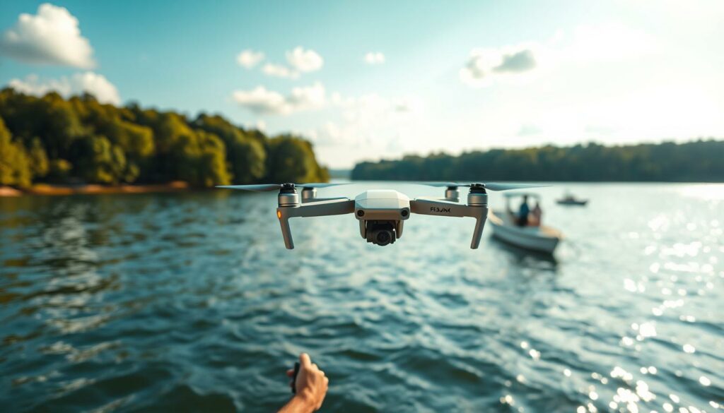 A serene aerial view of a drone flying smoothly over a tranquil lake, set against a backdrop of gentle waves reflecting the sunlight. In the foreground, a skilled pilot in professional casual attire operates the drone, fully focused on navigating safely. The middle ground features small boats in the distance, clearly avoiding the drone's path, with a subtle emphasis on maintaining safety regulations. The background displays lush green trees lining the shore, with soft clouds drifting in a blue sky, creating a peaceful atmosphere. The image is lit with warm, natural sunlight, enhancing the safety theme while suggesting a sense of adventure and caution. The camera angle captures the dynamic interaction between drone, water, and boats, conveying a strong focus on responsible navigation in water environments. A serene aerial view of a drone flying smoothly over a tranquil lake, set against a backdrop of gentle waves reflecting the sunlight. In the foreground, a skilled pilot in professional casual attire operates the drone, fully focused on navigating safely. The middle ground features small boats in the distance, clearly avoiding the drone's path, with a subtle emphasis on maintaining safety regulations. The background displays lush green trees lining the shore, with soft clouds drifting in a blue sky, creating a peaceful atmosphere. The image is lit with warm, natural sunlight, enhancing the safety theme while suggesting a sense of adventure and caution. The camera angle captures the dynamic interaction between drone, water, and boats, conveying a strong focus on responsible navigation in water environments.