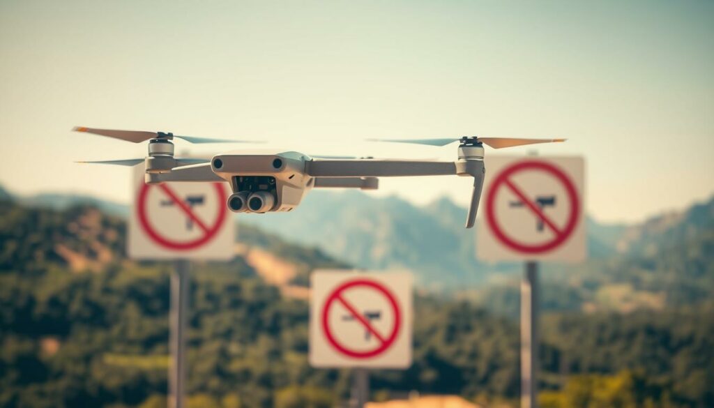 A serene aerial view of a drone navigating a designated aerial zone, illustrating drone safety and restricted areas. In the foreground, a detailed drone is hovering mid-flight, equipped with a high-resolution camera, showcasing sleek lines and a modern design. In the middle ground, clear signage indicating no-fly zones and safety requirements is prominently displayed, with vibrant colors for visibility. The background features a scenic landscape with lush greenery and mountains, under a clear blue sky, capturing the essence of responsible drone operation. Warm, natural lighting enhances the image, creating a professional and informative atmosphere. The composition emphasizes both the beauty of drone photography and the importance of adhering to safety regulations in the field. A serene aerial view of a drone navigating a designated aerial zone, illustrating drone safety and restricted areas. In the foreground, a detailed drone is hovering mid-flight, equipped with a high-resolution camera, showcasing sleek lines and a modern design. In the middle ground, clear signage indicating no-fly zones and safety requirements is prominently displayed, with vibrant colors for visibility. The background features a scenic landscape with lush greenery and mountains, under a clear blue sky, capturing the essence of responsible drone operation. Warm, natural lighting enhances the image, creating a professional and informative atmosphere. The composition emphasizes both the beauty of drone photography and the importance of adhering to safety regulations in the field.