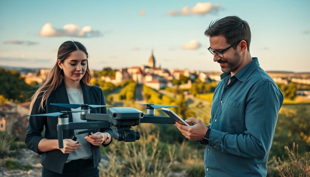 A serene drone operation scene in France, showcasing a professional team of video creators in smart casual attire. In the foreground, a woman is operating a sleek drone with advanced features, while a man is reviewing footage on a tablet. In the middle ground, a picturesque French landscape unfolds, dotted with historic architecture and lush greenery, bathed in golden hour light. The background features a clear blue sky with a few fluffy clouds, adding depth to the scene. The atmosphere is calm yet focused, reflecting the innovative spirit of compliance in drone operations. The overall composition should emphasize teamwork and creativity, with a wide-angle lens that captures the beauty of the surroundings.