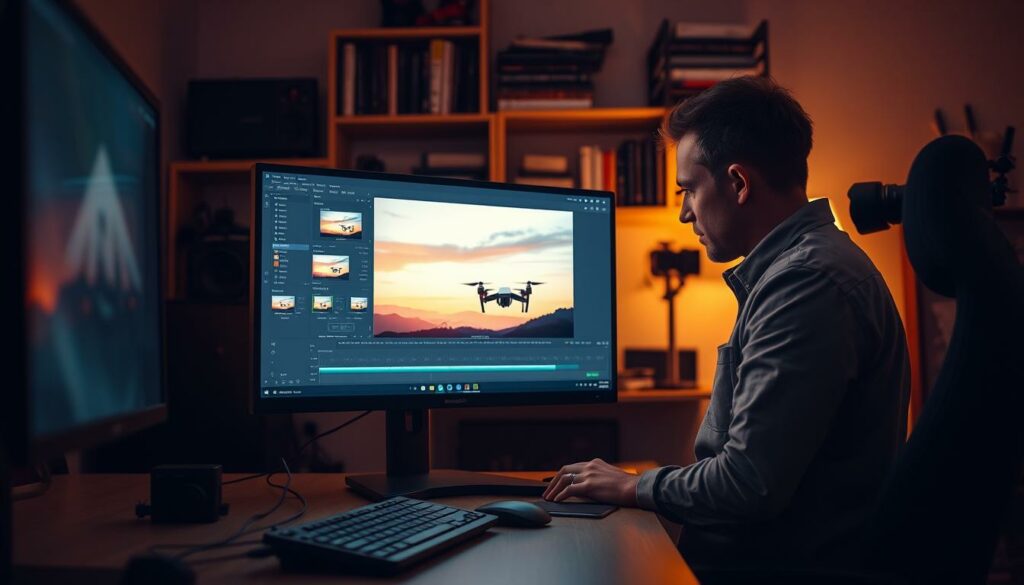 A serene low light post-processing studio scene showcasing a professional editor refining drone footage. In the foreground, a computer monitor displays a vibrant low light image of a dusk landscape, with warm colors being enhanced. A keyboard and editing software interface with visible adjustment sliders are also present. The middle layer includes a focused editor, wearing a casual yet professional outfit, intently adjusting settings, illuminated by the soft glow of the screen. In the background, shelves filled with photography books and equipment add depth, while ambient, diffused lighting creates a cozy atmosphere. The overall mood is focused and creative, emphasizing the meticulous process of bringing out the best in low light footage.