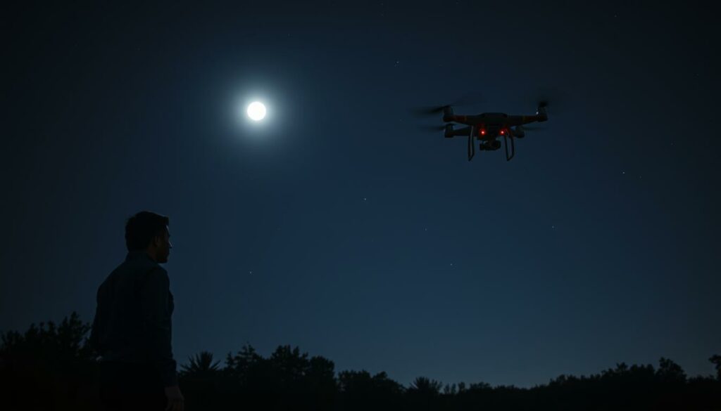 A serene night scene illustrating a drone operator flying a drone under the moonlight. In the foreground, a person in professional attire stands, intently watching the drone soaring above. The middle ground features the drone, lit by LED lights, hovering steadily in the air, casting a subtle glow. In the background, a cloudless night sky is filled with stars, framed by silhouette of trees. Soft ambient lighting highlights the contours of the landscape, creating a peaceful atmosphere. The composition is captured from a low angle to emphasize the drone’s altitude against the illuminated horizon, showcasing the stark contrast between the dark surroundings and the drone’s lights. The mood is calm yet focused, emphasizing the essence of night flying regulations.