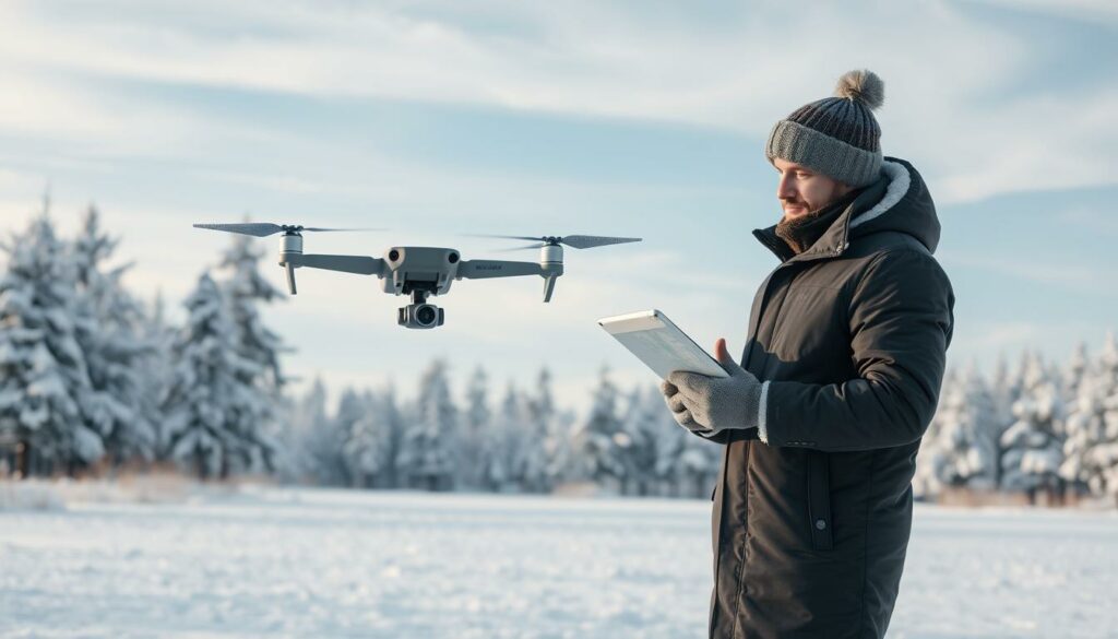 A serene winter landscape featuring a drone and its operator preparing for flight. In the foreground, a professional-looking individual in a heavy winter coat, gloves, and a warm hat is examining a digital map on a tablet, standing next to a sleek drone equipped with a camera, its propellers gleaming with frost. In the middle ground, snow-covered trees frame the scene, and an open area offers a clear view of the sky, suggesting favorable conditions for flight. In the background, a pale blue sky with wispy clouds hints at the crispness of the winter day. The lighting is soft and diffused, creating a calm and focused atmosphere, while a shallow depth of field enhances the drone and operator as the focal point, inviting viewers into the world of winter drone flight preparation. A serene winter landscape featuring a drone and its operator preparing for flight. In the foreground, a professional-looking individual in a heavy winter coat, gloves, and a warm hat is examining a digital map on a tablet, standing next to a sleek drone equipped with a camera, its propellers gleaming with frost. In the middle ground, snow-covered trees frame the scene, and an open area offers a clear view of the sky, suggesting favorable conditions for flight. In the background, a pale blue sky with wispy clouds hints at the crispness of the winter day. The lighting is soft and diffused, creating a calm and focused atmosphere, while a shallow depth of field enhances the drone and operator as the focal point, inviting viewers into the world of winter drone flight preparation.