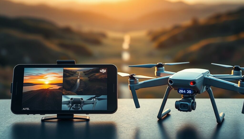 A side-by-side visual comparison of camera capabilities between two drones, the Autel and DJI, showcasing high-quality images. In the foreground, place a sleek digital display with vibrant images taken by both drones, highlighting details such as color accuracy, dynamic range, and sharpness. In the middle ground, feature the drones themselves, positioned at an angled view to emphasize their innovative design and camera features, with lenses slightly reflecting light to catch the viewer’s attention. In the background, a serene landscape scene with varying lighting—soft golden hour sunlight illuminating the details, creating a mood of excitement for aerial photography. Ensure the overall atmosphere conveys professionalism and innovation in drone technology. No text or signs should detract from the image. A side-by-side visual comparison of camera capabilities between two drones, the Autel and DJI, showcasing high-quality images. In the foreground, place a sleek digital display with vibrant images taken by both drones, highlighting details such as color accuracy, dynamic range, and sharpness. In the middle ground, feature the drones themselves, positioned at an angled view to emphasize their innovative design and camera features, with lenses slightly reflecting light to catch the viewer’s attention. In the background, a serene landscape scene with varying lighting—soft golden hour sunlight illuminating the details, creating a mood of excitement for aerial photography. Ensure the overall atmosphere conveys professionalism and innovation in drone technology. No text or signs should detract from the image.