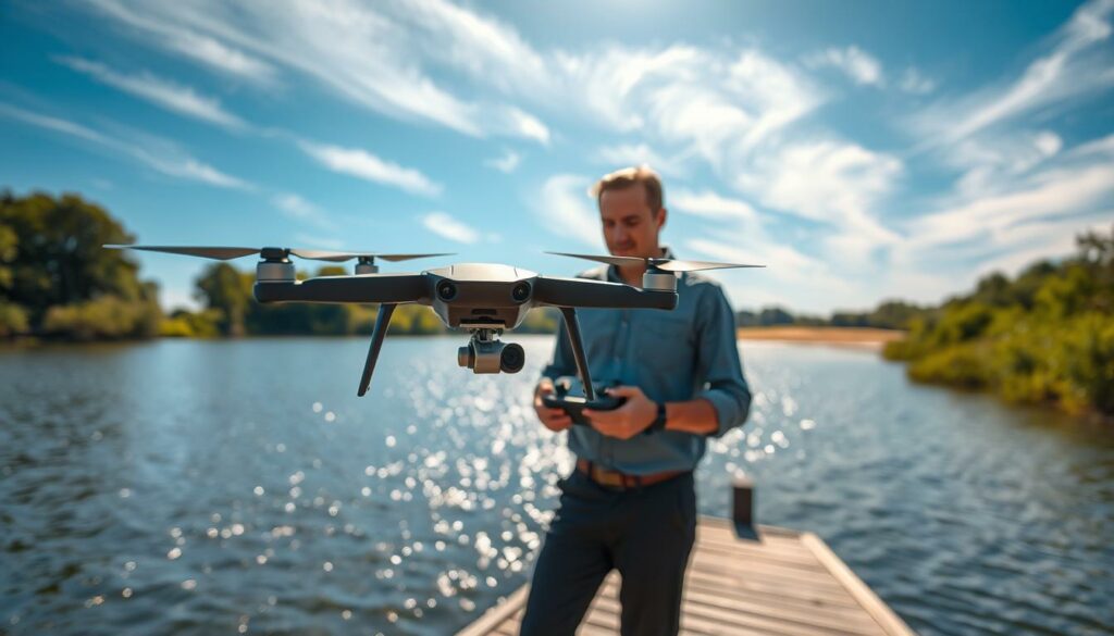 A skilled drone pilot operates a high-tech drone above a shimmering lake, ensuring a clear visual line of sight. In the foreground, the drone hovers steadily, its sleek design reflecting sunlight. The pilot, dressed in a smart casual shirt and comfortable pants, stands on a wooden dock, focusing on the screen of their remote controller. In the middle ground, the calm water of the lake mirrors the blue sky, dotted with wispy white clouds. Surrounding the scene, lush green trees and a distant sandy beach create a picturesque backdrop. The image is captured from a slight angle, with soft natural lighting enhancing the serene atmosphere, conveying a sense of responsibility and professionalism in aerial drone operations near water. A skilled drone pilot operates a high-tech drone above a shimmering lake, ensuring a clear visual line of sight. In the foreground, the drone hovers steadily, its sleek design reflecting sunlight. The pilot, dressed in a smart casual shirt and comfortable pants, stands on a wooden dock, focusing on the screen of their remote controller. In the middle ground, the calm water of the lake mirrors the blue sky, dotted with wispy white clouds. Surrounding the scene, lush green trees and a distant sandy beach create a picturesque backdrop. The image is captured from a slight angle, with soft natural lighting enhancing the serene atmosphere, conveying a sense of responsibility and professionalism in aerial drone operations near water.