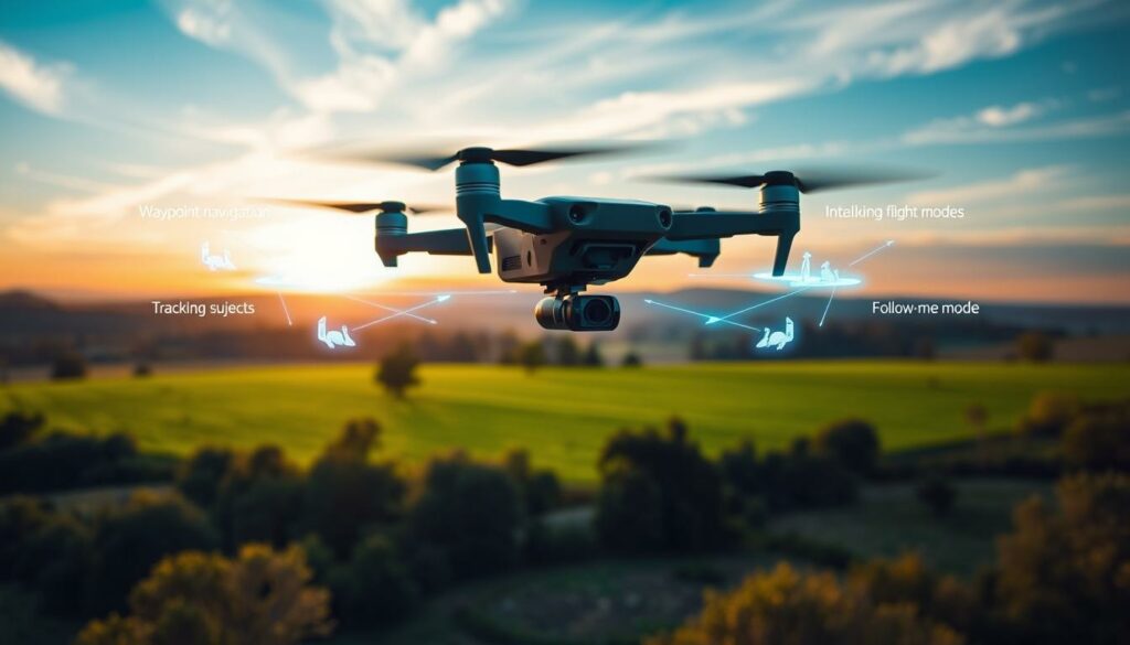 A sleek DJI Mini 4 Pro drone featured prominently in the foreground, hovering gracefully in mid-air with its rotors in motion. Surrounding the drone are vibrant visual representations of its intelligent flight modes, such as waypoint navigation, tracking subjects, and follow-me mode, illustrated as dynamic, glowing lines or arrows connecting various points in the environment. In the middle ground, a lush green landscape stretches out beneath, dotted with trees and a clear blue sky with wispy clouds. The background captures distant hills and a horizon that fades into a warm sunset, casting a golden hue over the scene. The atmosphere is energetic yet serene, emphasizing the drone's advanced technology in a natural setting. The lighting is soft and diffused, enhancing the mood of modernity and innovation.