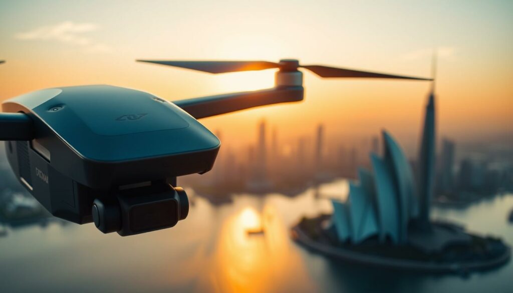 A sleek drone hovers above a stunning landscape, showcasing a luxurious collaboration between a high-end brand and a commercial drone service. In the foreground, the drone features a glossy black finish with a distinctive logo. The middle ground highlights a breathtaking city skyline at sunset, with striking reflections in the water below. In the background, an iconic landmark—such as a modern architectural masterpiece—adds depth to the scene. The lighting is warm and golden, creating an aspirational mood. Capture the scene from a low angle, emphasizing the drone and cityscape, with a soft bokeh effect that blurs the surrounding elements slightly. The atmosphere conveys a sense of professionalism and innovation, reflecting the excellence of premium brand partnerships.